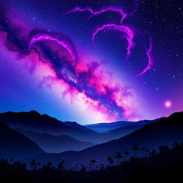 An enchanting scene of a breathtaking galaxy with vibrant cosmic colors, swirling nebulae in hues of purple, blue, and pink, sprinkled with dazzling stars