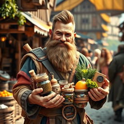 A medieval dwarf trader without a beard, confidently looking into the camera while holding an assortment of goods in his hands
