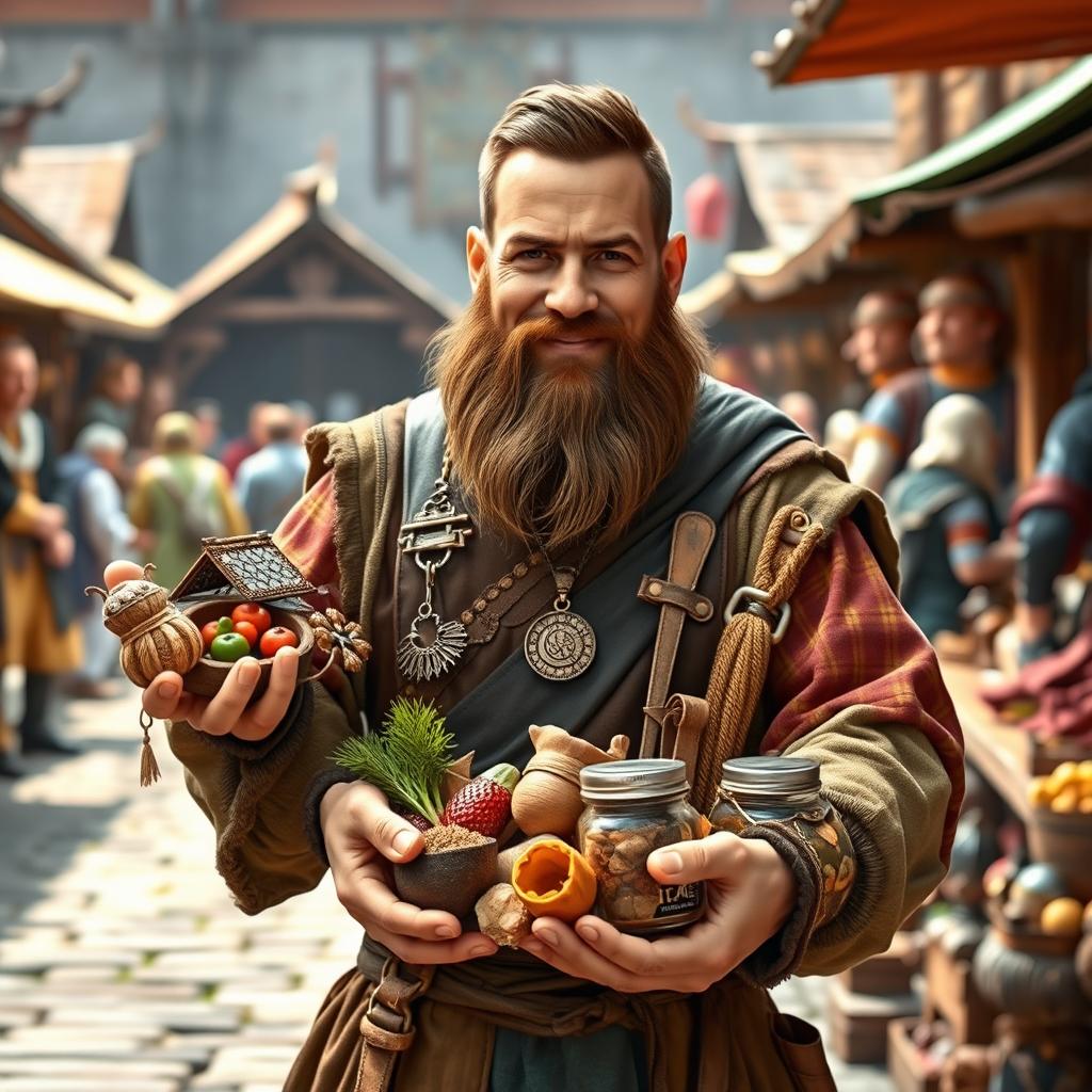 A medieval dwarf trader without a beard, confidently looking into the camera while holding an assortment of goods in his hands