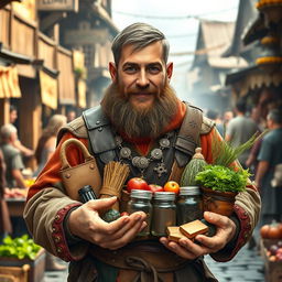 A medieval dwarf trader without a beard, confidently looking into the camera while holding an assortment of goods in his hands