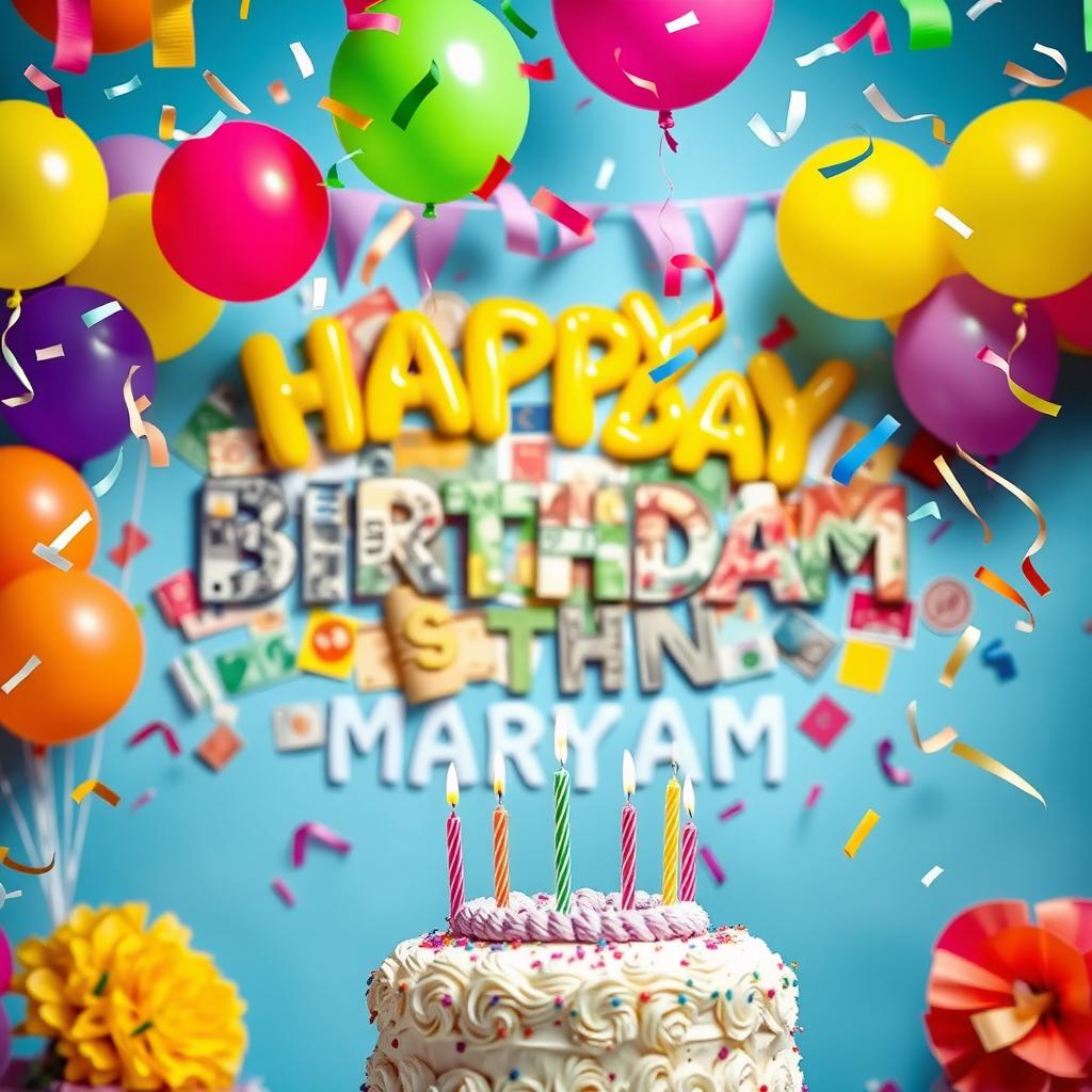 A vibrant birthday scene celebrating Maryam's special day, adorned with colorful decorations and a beautiful birthday cake with candles