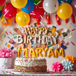 A vibrant birthday scene celebrating Maryam's special day, adorned with colorful decorations and a beautiful birthday cake with candles