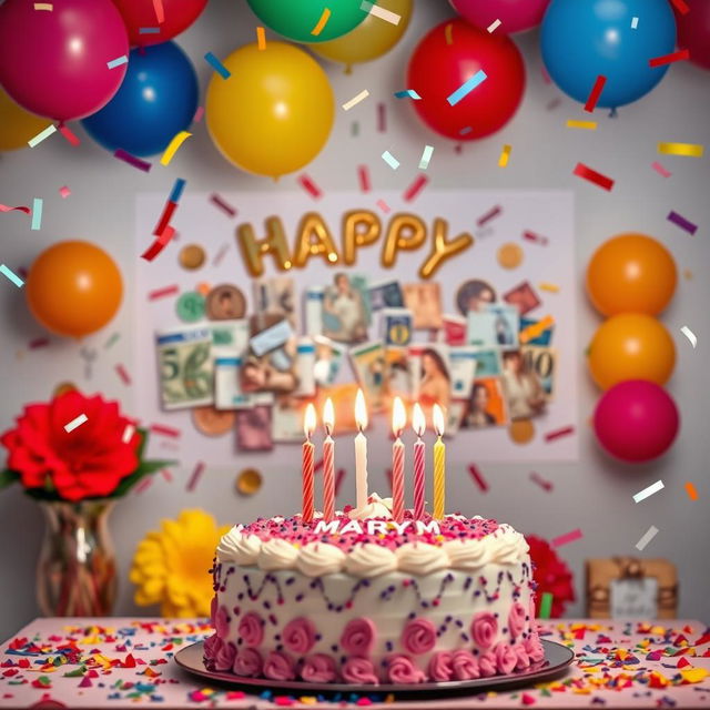 A vibrant birthday scene celebrating Maryam's special day, adorned with colorful decorations and a beautiful birthday cake with candles