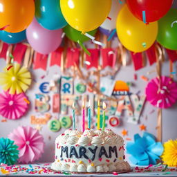 A vibrant birthday scene celebrating Maryam's special day, adorned with colorful decorations and a beautiful birthday cake with candles