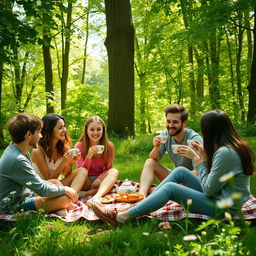 A serene scene in a lush, green forest with a group of young people enjoying a cozy tea party