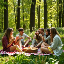 A serene scene in a lush, green forest with a group of young people enjoying a cozy tea party