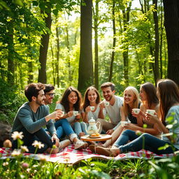A serene scene in a lush, green forest with a group of young people enjoying a cozy tea party
