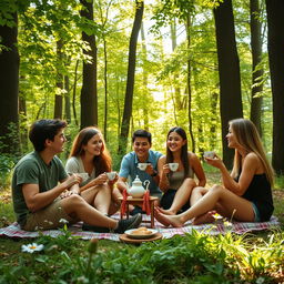 A serene scene in a lush, green forest with a group of young people enjoying a cozy tea party