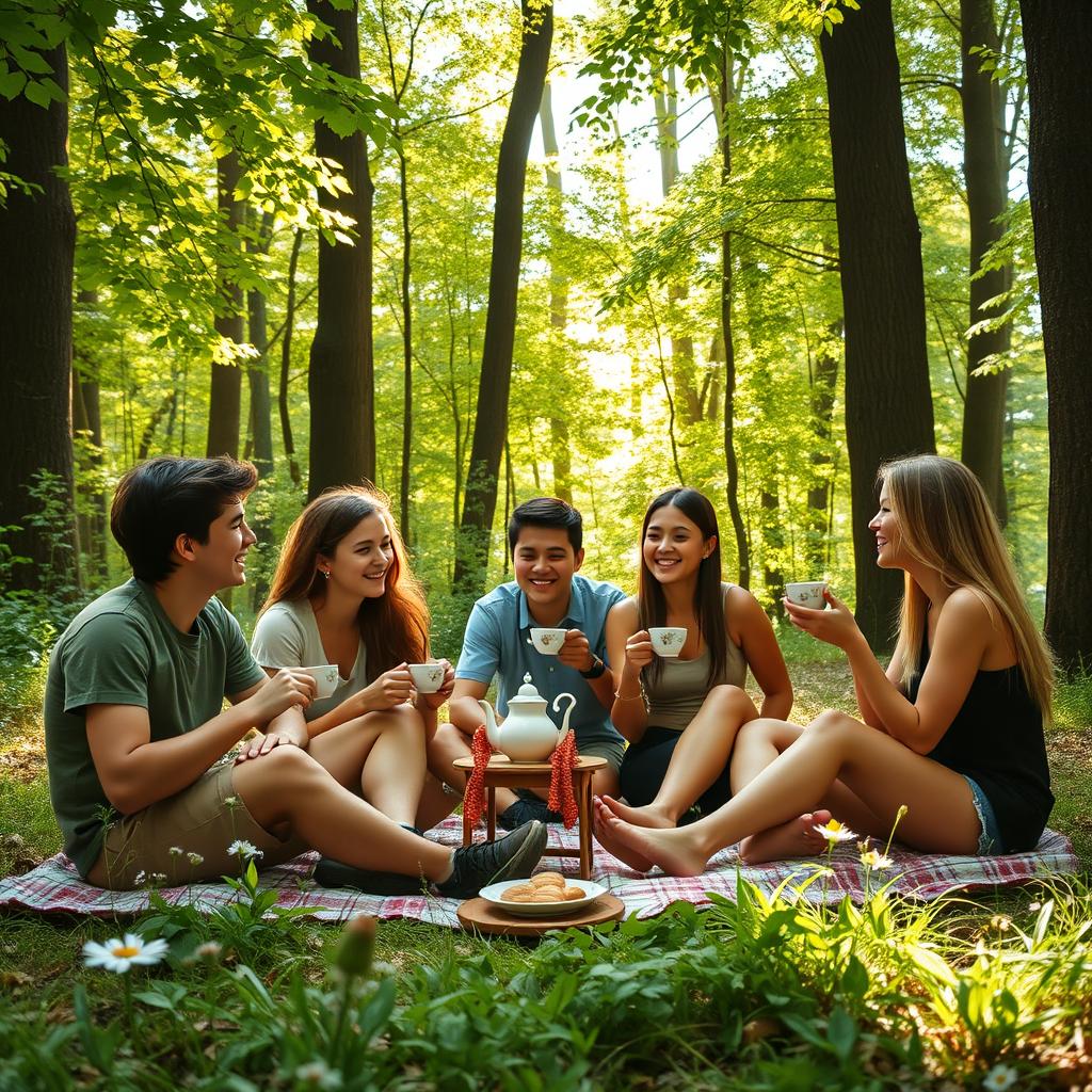 A serene scene in a lush, green forest with a group of young people enjoying a cozy tea party