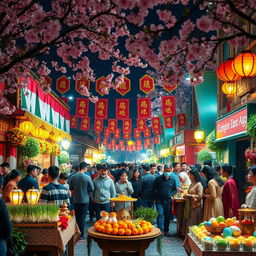 A vibrant and festive scene of a town decorated for Nowrooz, featuring colorful banners and traditional decorations
