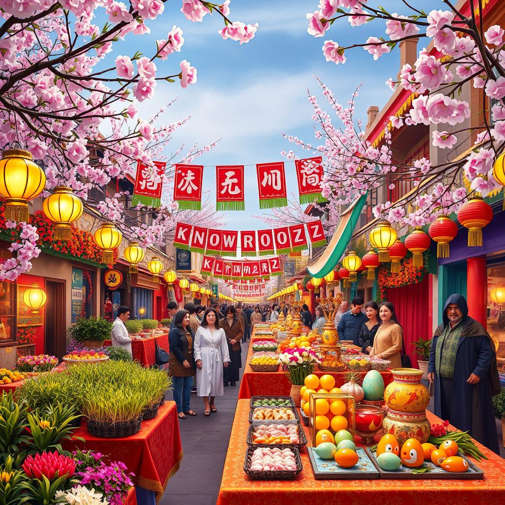 A vibrant and festive scene of a town decorated for Nowrooz, featuring colorful banners and traditional decorations