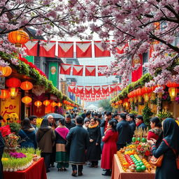 A vibrant and festive scene of a town decorated for Nowrooz, featuring colorful banners and traditional decorations