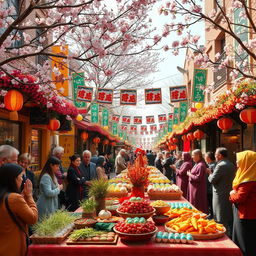 A vibrant and festive scene of a town decorated for Nowrooz, featuring colorful banners and traditional decorations