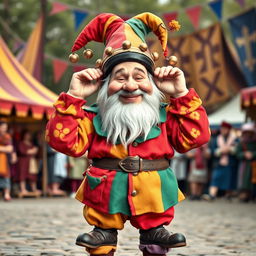 A medieval dwarf fool, characterized by a vibrant, mismatched outfit that features bright colors and playful patterns