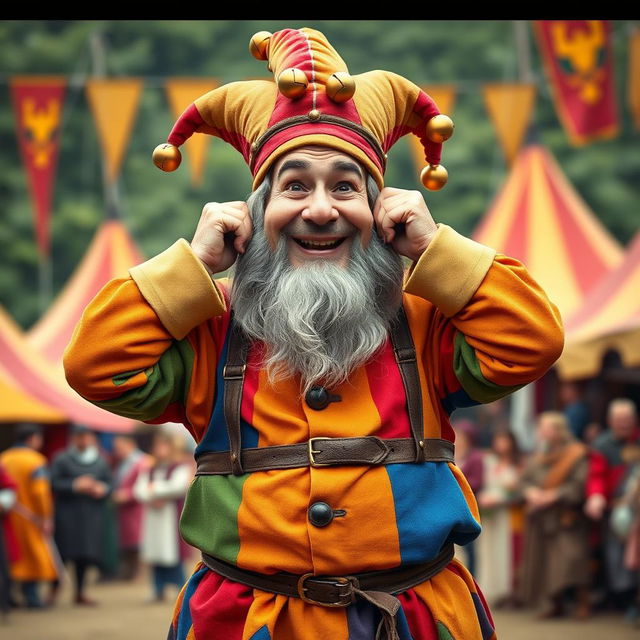 A medieval dwarf fool, characterized by a vibrant, mismatched outfit that features bright colors and playful patterns