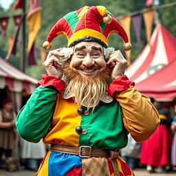 A medieval dwarf fool, characterized by a vibrant, mismatched outfit that features bright colors and playful patterns
