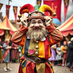 A medieval dwarf fool, characterized by a vibrant, mismatched outfit that features bright colors and playful patterns