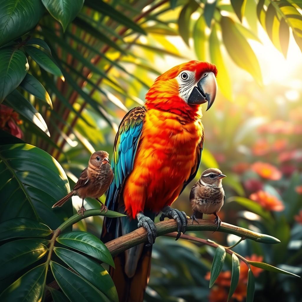 A vibrant scene filled with a colorful parrot perched on a lush green branch surrounded by tropical foliage, alongside a small, delicate sparrow sitting nearby