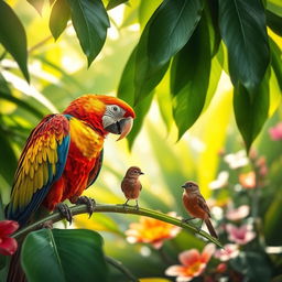 A vibrant scene filled with a colorful parrot perched on a lush green branch surrounded by tropical foliage, alongside a small, delicate sparrow sitting nearby