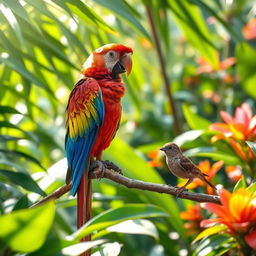 A vibrant scene filled with a colorful parrot perched on a lush green branch surrounded by tropical foliage, alongside a small, delicate sparrow sitting nearby