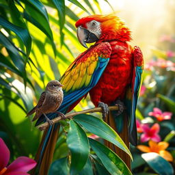 A vibrant scene filled with a colorful parrot perched on a lush green branch surrounded by tropical foliage, alongside a small, delicate sparrow sitting nearby