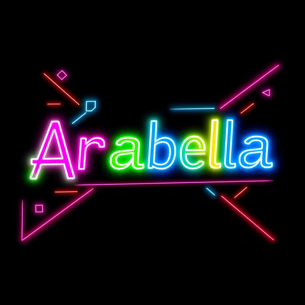 A striking and vibrant representation of the name 'Arabella' spelled out in bold, neon-colored letters that glow with intensity