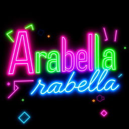A striking and vibrant representation of the name 'Arabella' spelled out in bold, neon-colored letters that glow with intensity