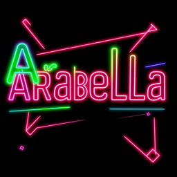 A striking and vibrant representation of the name 'Arabella' spelled out in bold, neon-colored letters that glow with intensity