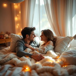 A romantic couple lying on a bed in a softly lit bedroom, surrounded by fluffy pillows and a warm, inviting blanket