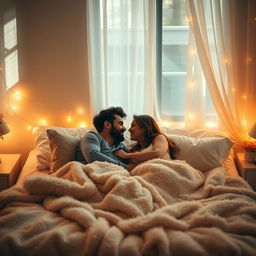 A romantic couple lying on a bed in a softly lit bedroom, surrounded by fluffy pillows and a warm, inviting blanket
