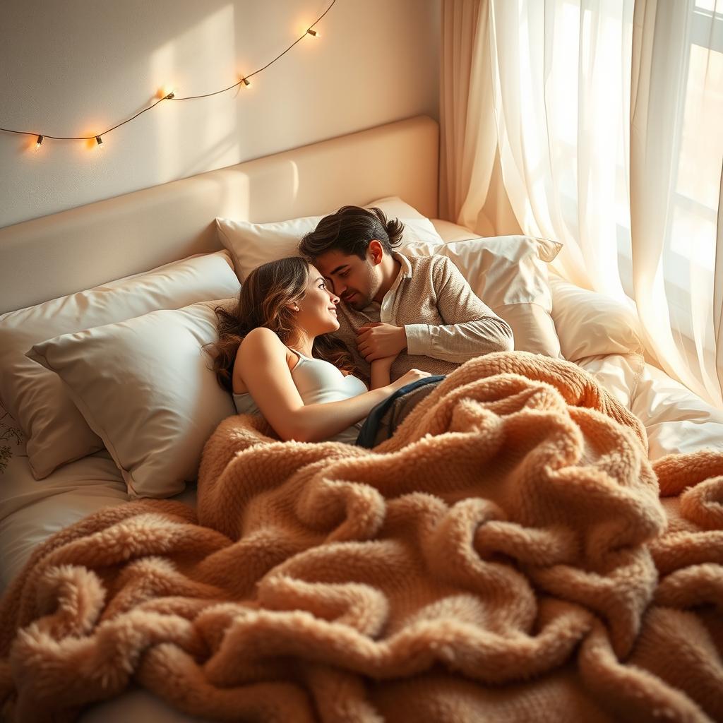 A romantic couple lying on a bed in a softly lit bedroom, surrounded by fluffy pillows and a warm, inviting blanket