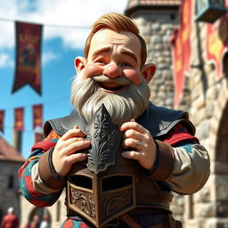 A medieval dwarf with a joyful expression, holding his hands on a decorative helmet