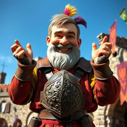 A medieval dwarf with a joyful expression, holding his hands on a decorative helmet