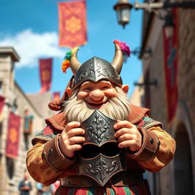 A medieval dwarf with a joyful expression, holding his hands on a decorative helmet