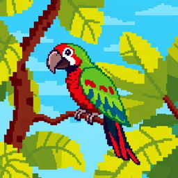 A colorful pixel art representation of a parrot perched on a branch
