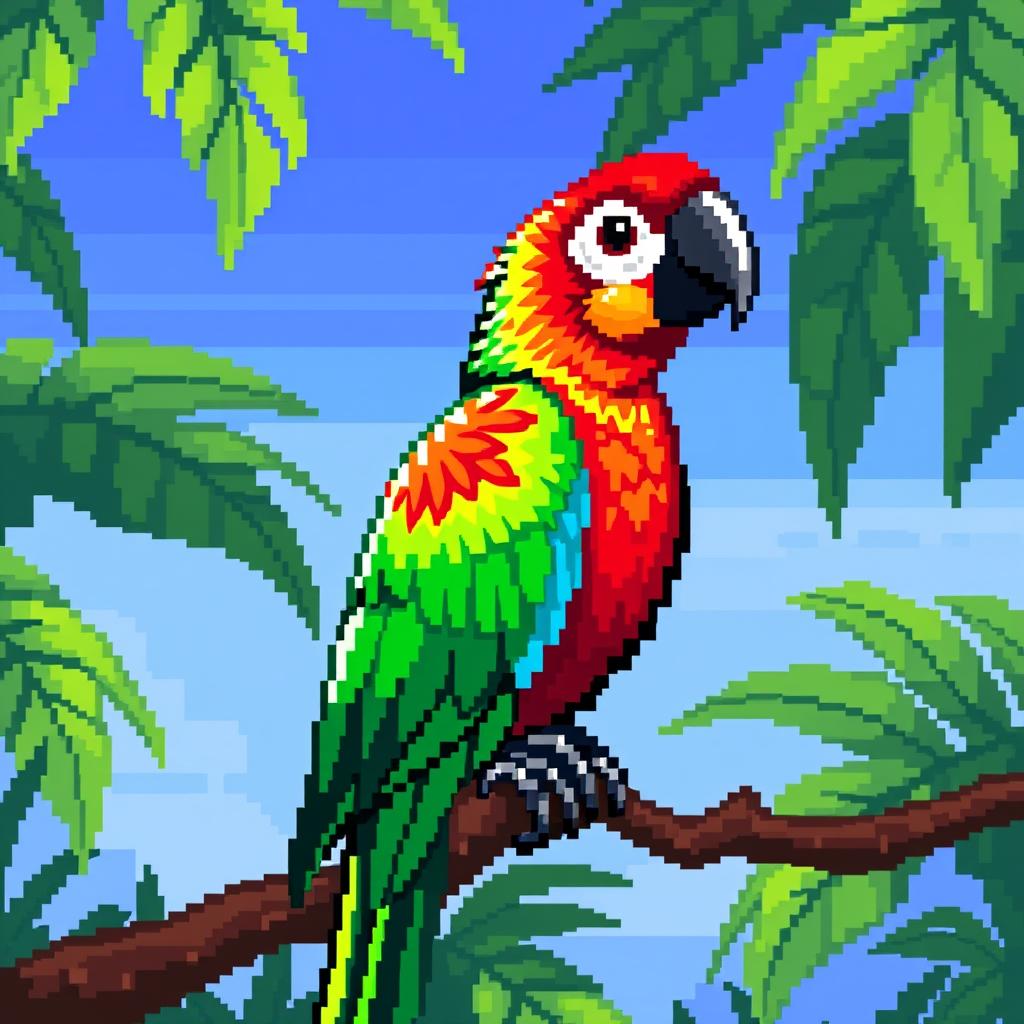 A colorful pixel art representation of a parrot perched on a branch
