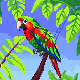 A colorful pixel art representation of a parrot perched on a branch