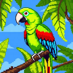 A colorful pixel art representation of a parrot perched on a branch