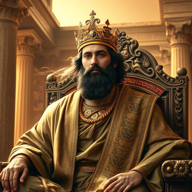 A majestic portrait of Cyrus the Great, the founder of the Achaemenid Empire, depicted in traditional Persian attire