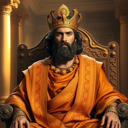 A majestic portrait of Cyrus the Great, the founder of the Achaemenid Empire, depicted in traditional Persian attire