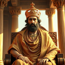 A majestic portrait of Cyrus the Great, the founder of the Achaemenid Empire, depicted in traditional Persian attire