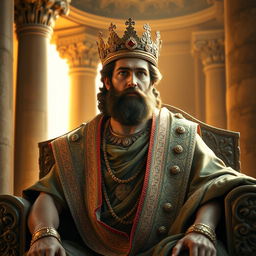 A majestic portrait of Cyrus the Great, the founder of the Achaemenid Empire, depicted in traditional Persian attire