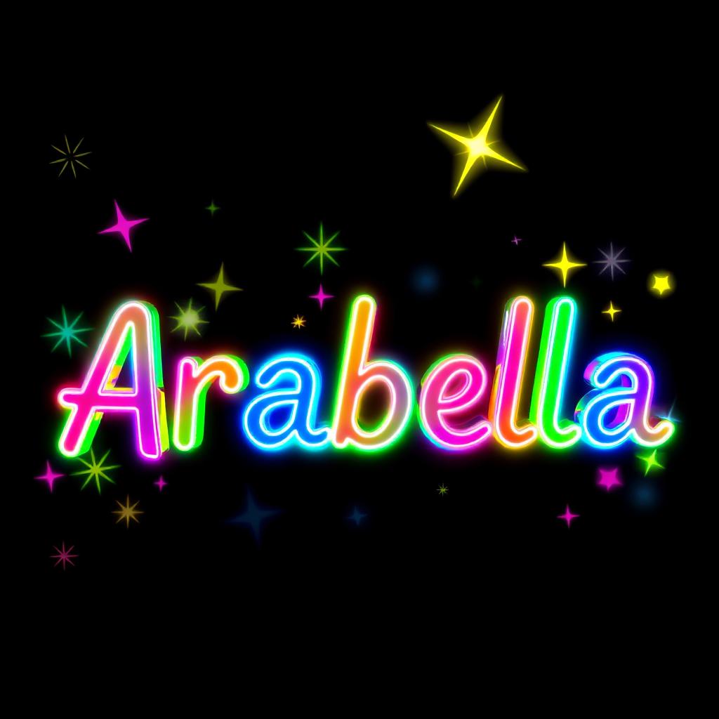 A vibrant and eye-catching representation of the name 'Arabella' spelled out in bold, neon-colored letters that shimmer with a rainbow of colors