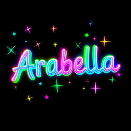 A vibrant and eye-catching representation of the name 'Arabella' spelled out in bold, neon-colored letters that shimmer with a rainbow of colors