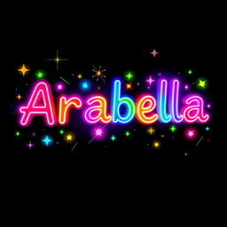A vibrant and eye-catching representation of the name 'Arabella' spelled out in bold, neon-colored letters that shimmer with a rainbow of colors