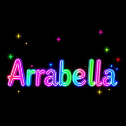 A vibrant and eye-catching representation of the name 'Arabella' spelled out in bold, neon-colored letters that shimmer with a rainbow of colors