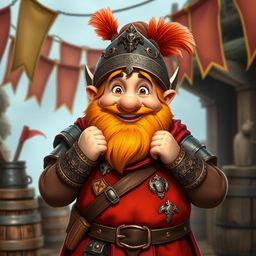 A medieval dwarf with a cheerful expression, holding his hands on a detailed helmet