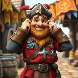 A medieval dwarf with a cheerful expression, holding his hands on a detailed helmet