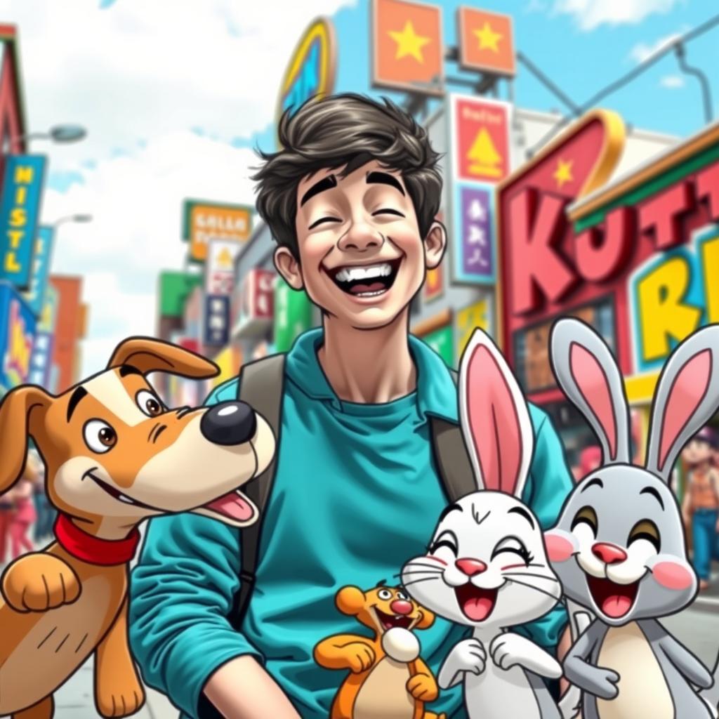 A vibrant and whimsical scene featuring a human interacting with cartoon characters in a colorful urban environment