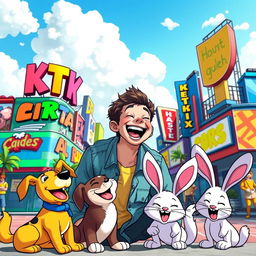 A vibrant and whimsical scene featuring a human interacting with cartoon characters in a colorful urban environment
